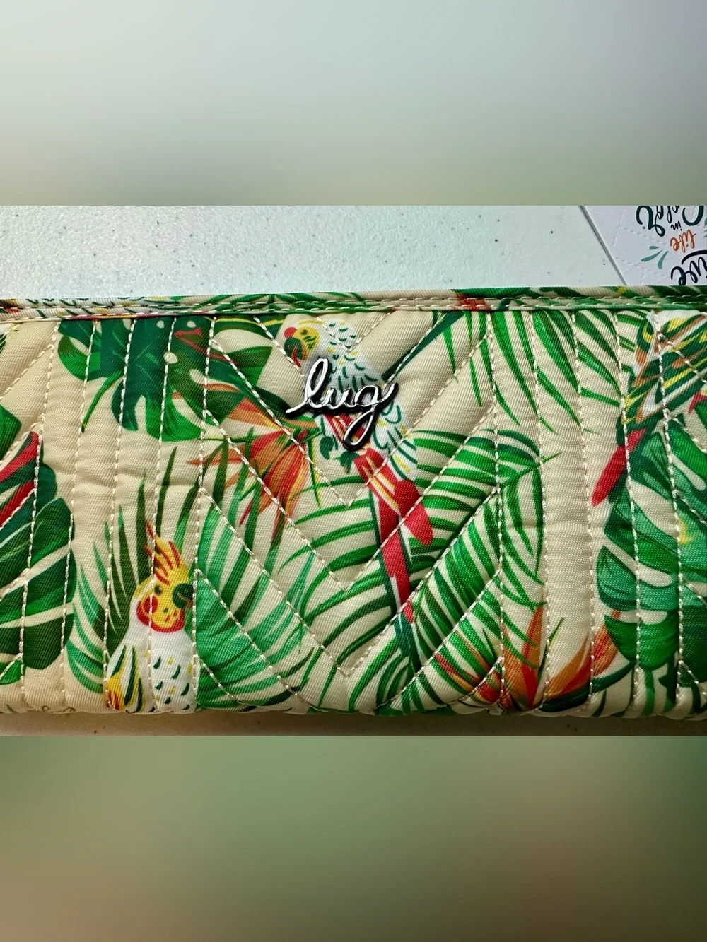 Lug Straddle Zip Around RFID Wristlet Waller Tropical Birds Cream NWT